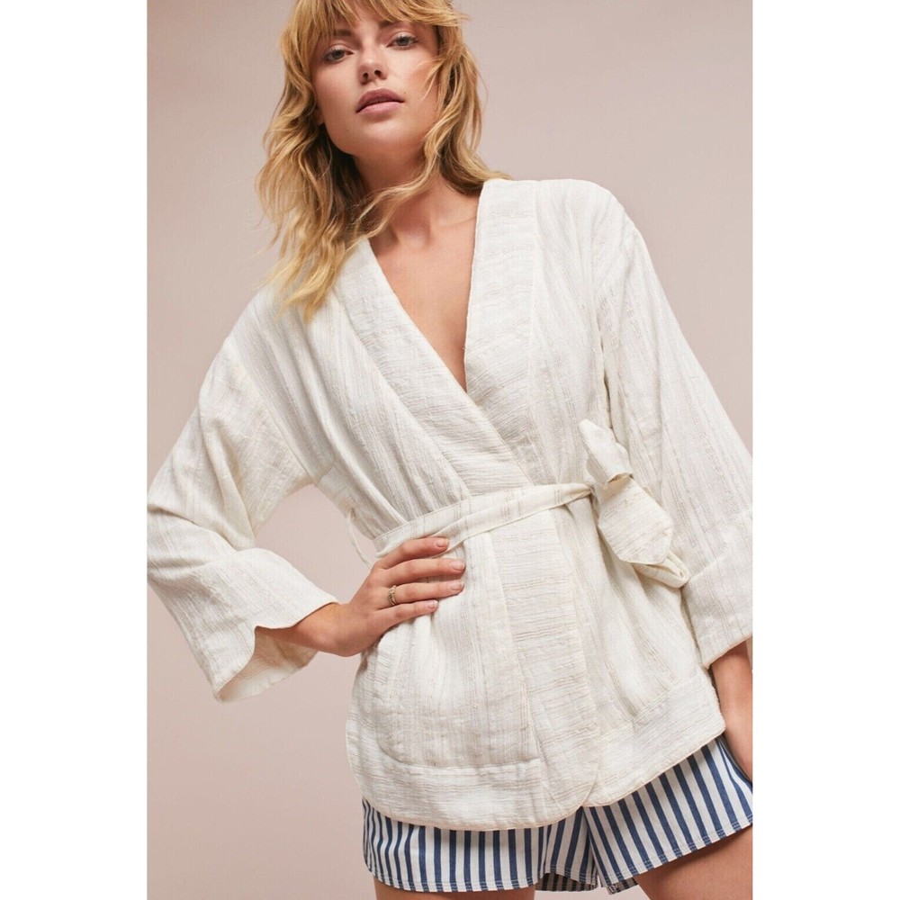 Anthropologie Hei Hei Jacket Women's Large White Kimono Gold Metallic *NO BELT*